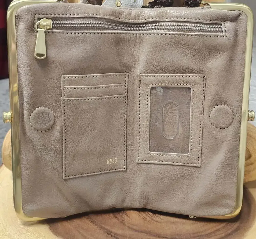 HOBO International Lauren Taupe Soft Leather Double Frame Kisslock Clutch Wallet